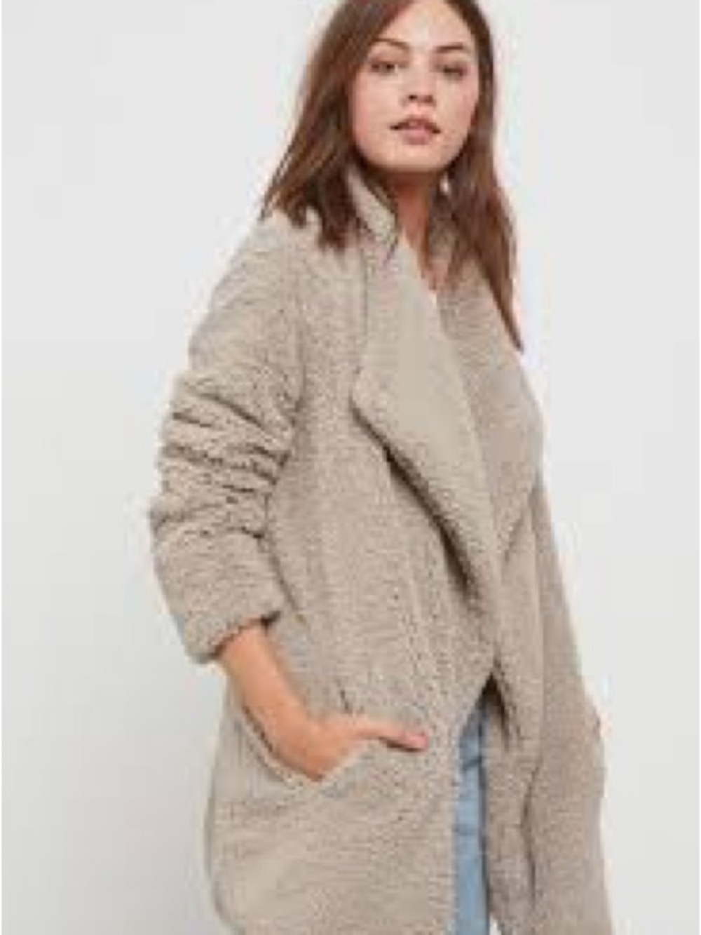 BB Dakota Plush Open-Front Teddy Coat in Taupe